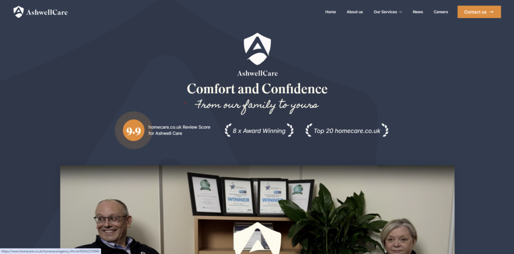 Screenshot of Ashwell Home care services new 2026 rebrand website home page AshwellCares