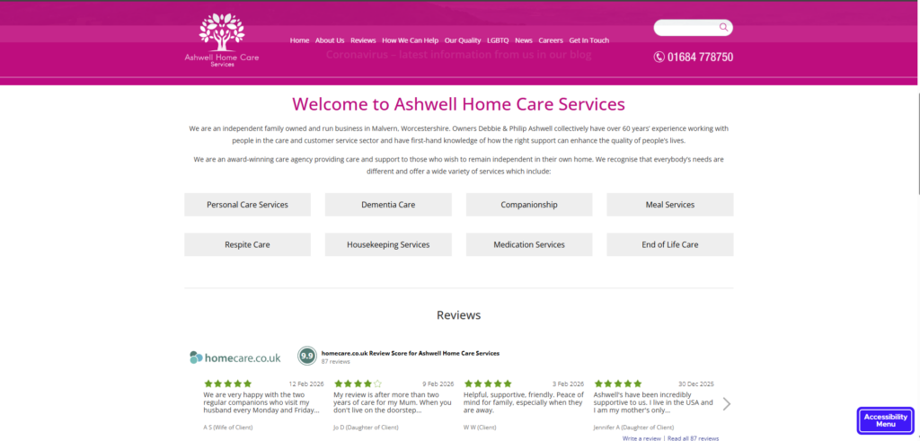 Screenshot of Ashwell Home Care services website home page before there 2026 rebrand