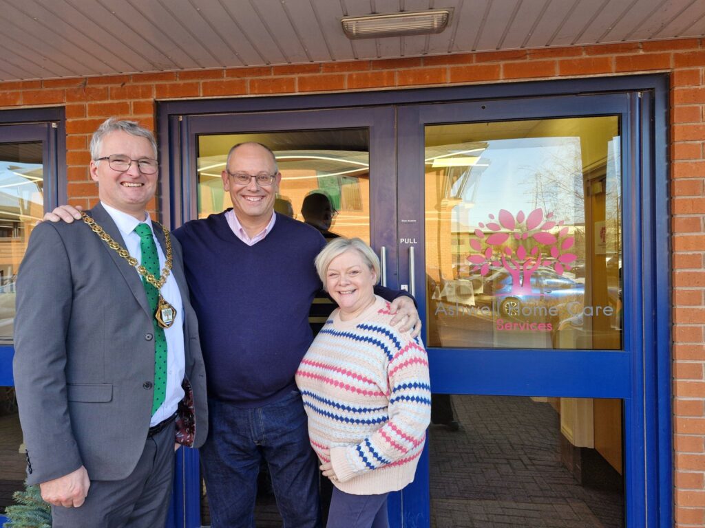 AshwellCare staff Phil and Deb Ashwell with Councillor Louis Stephen at the office after a meeting