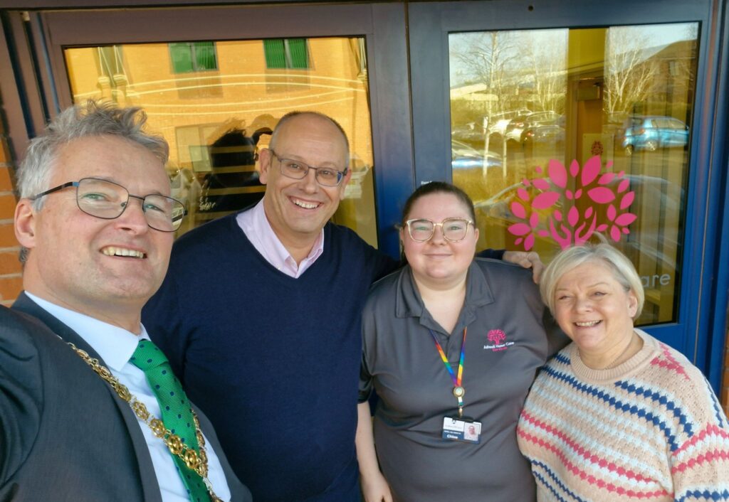 AshwellCare staff Phil and Deb Ashwell with Councillor Louis Stephen at the office after a meeting